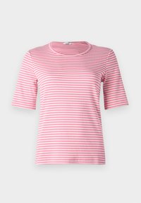 Pink and white striped short-sleeve shirt with a round neckline, made of soft fabric, featuring a fitted design and smooth texture.