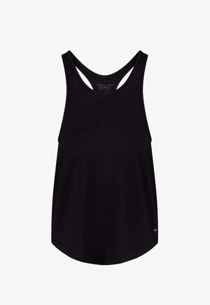 Schwarzes Tanktop aus weichem Material, mit Racerback-Design, abgerundetem Saum und dezentem Logo-Detail unten rechts.