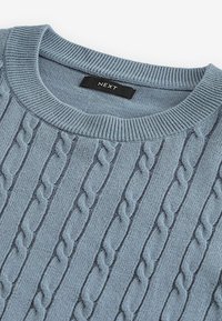 Maglione azzurro chiaro in maglia con motivo a treccia, colletto rotondo a costine e etichetta 'NEXT'. Texture morbida con un design aderente.