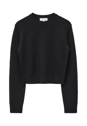 Schwarzer, kurzer Pullover aus weichem Stoff mit geripptem Rundhalsausschnitt, langen Ärmeln und gerippten Saumdetails. Einfaches und vielseitiges Design.