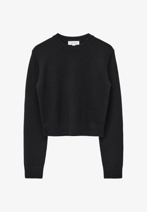 Schwarzer, kurzer Pullover aus weichem Stoff mit geripptem Rundhalsausschnitt, langen Ärmeln und gerippten Saumdetails. Einfaches und vielseitiges Design.