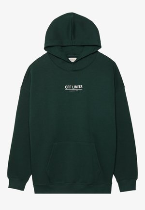 Sweatshirt verde escuro com um bolso frontal, texto branco "ÁREA PERIGOSA" , punhos canelados e capuz com cordão.