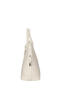 Borsa a tracolla in pelle bianca texturizzata con chiusura a zip, dotata di due manici arrotondati e un'attillatura decorativa su un lato.
