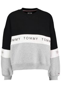 Sudadera negra con diseño de bloques de colores en gris y blanco, marcada con el texto repetido "TOMMY", cuello y puños acanalados.