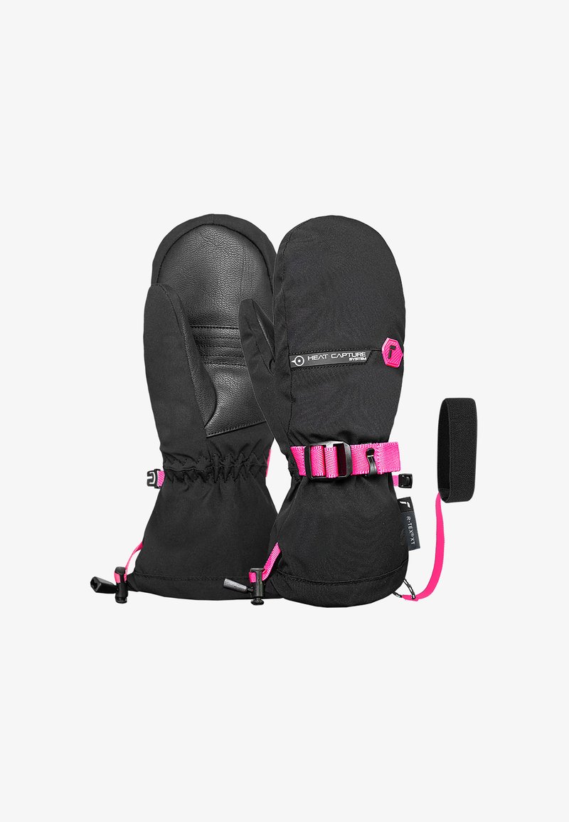 Zwarte wanten gemaakt van duurzaam materiaal met een leren handpalm. Voorzien van een roze band en accenten, een elastische pols en een manchet voor extra warmte.