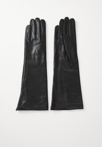 Sorte skinnhansker, tilpasset design, lang lengde, glatt tekstur, med fem fingerrom og en subtil søm langs sidene.
