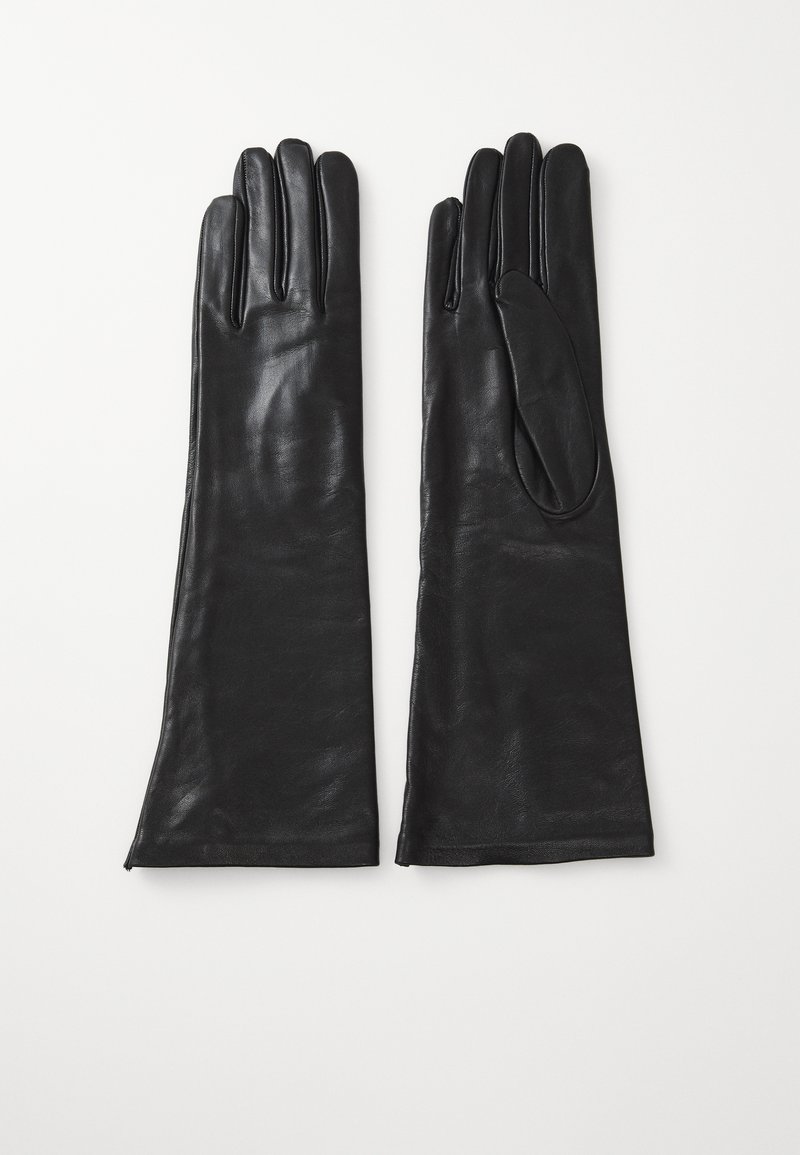 Sorte skinnhansker, tilpasset design, lang lengde, glatt tekstur, med fem fingerrom og en subtil søm langs sidene.