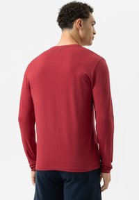 Langärmliges rotes Hemd aus glattem Stoff, mit Rundhalsausschnitt und geradem Saum. Die Rückansicht zeigt ein minimales Branding am Kragen.