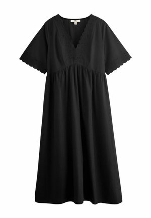 Schwarzes Kleid mit kurzen, gewellten Ärmeln, tiefem V-Ausschnitt und geraffter Taille. Hergestellt aus leichtem Stoff mit strukturierten Details.