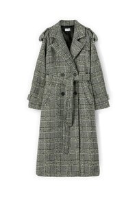 Trench coat a scacchi grigi e neri, doppiopetto con vita avvitata, tasche laterali e epaulettes sulle spalle. Tessuto testurizzato.