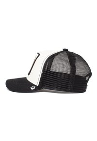 Baseball cap featuring a black front and visor, white side panels, and a black mesh back. Details include stitching and a logo patch on the side.