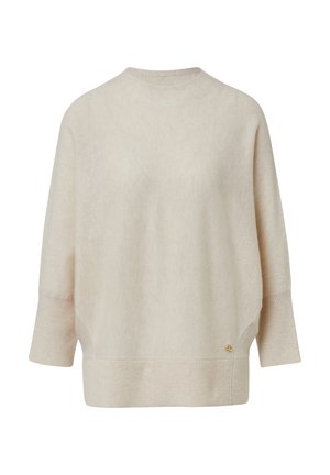 Helles beige Sweatshirt mit hohem Kragen, lockerer Passform und Dreiviertelärmeln. Mit gerippten Bündchen und Saum, sowie einem kleinen goldenen Akzent am unteren Ende.