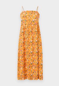 Vestido maxi floral com alças spaghetti, fundo laranja, flores de várias cores, corpete ajustado e saia fluida. Textura de tecido suave.