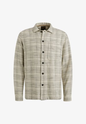 Camicia a tessuto in beige chiaro con motivo a griglia, dotata di colletto a punta, maniche lunghe, tasca sul petto e bottoni neri.