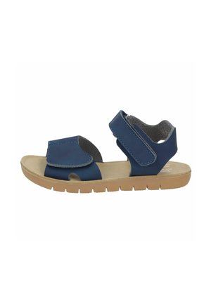 Child's navy blue sandal with two adjustable Velcro straps and a tan flexible sole.