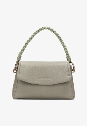 Hellgrüne strukturierte Lederhandtasche mit geflochtenem Griff, Klappenverschluss und goldfarbenen Beschlägen, vorne mit "HISPANITAS" geprägt.