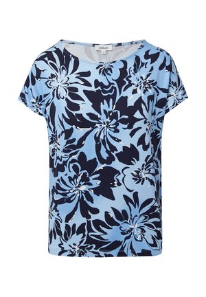 Un haut à manches courtes avec un motif floral en navy et bleu clair, fabriqué en tissu léger avec une coupe décontractée et un col rond.
