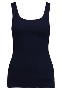 Mörkblått linne med fyrkantig halsringning, ribbad textur och figurnära silhuett. Inga synliga detaljer av metall eller extra accenter.