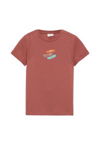 Korte mouwen roestkleurig T-shirt van katoen, voorzien van drie felle, geborduurde skateboardmotieven in oranje en blauw op de voorkant.