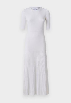 White, ribbed knit dress with short sleeves and a fitted bodice, flowing into a flared skirt. Simple round neckline and subtle texture.