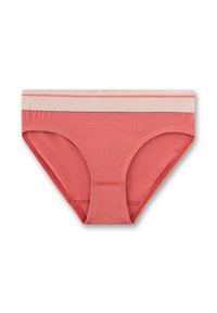 Korallenfarbener Baumwoll-Bikinislip mit einem breiten, beigen elastischen Bund, der kontrastierende Nähte und einen klassischen Slip-Schnitt aufweist.