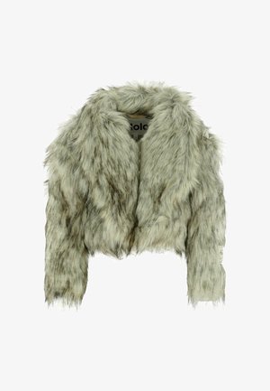 Nepbont cropped jas in lichtgroen met donkere strepen, met een brede kraag en een gestructureerd oppervlak. Etiket zichtbaar op de linker mouw.