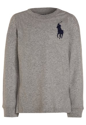 Grå långärmad sweatshirt i mjuk bomull med rund hals och en broderad marinblå polo-spelare-logga på bröstet.