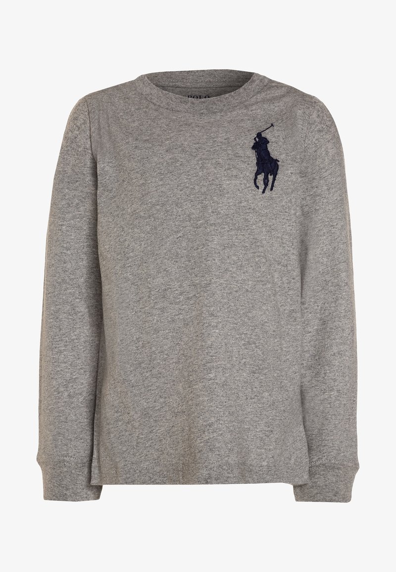 Šedá mikina s dlouhým rukávem vyrobená z měkké bavlny, s kulatým výstřihem a vyšívaným logem námořního hráče v námořnické modři na hrudi.