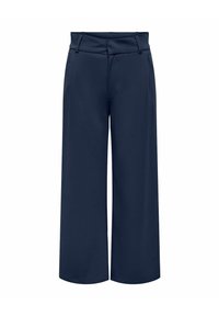 Tumesinised laiad püksid, millel on esikotid, vöörihmade silmused ja varjatud eesmine luku sulgemine.