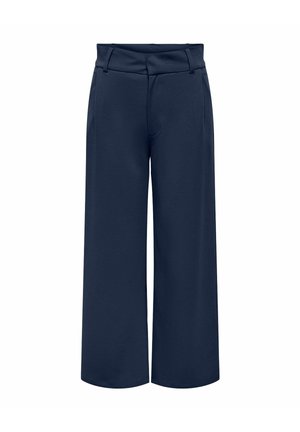 Tummansiniset leveälahkeiset housut, joissa on etupocketit, vyölenkit ja piilotettu etuvetoketjusulku.