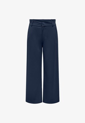 Marineblå vid bukse med frontlommer, beltehemper og skjult frontglidelås.