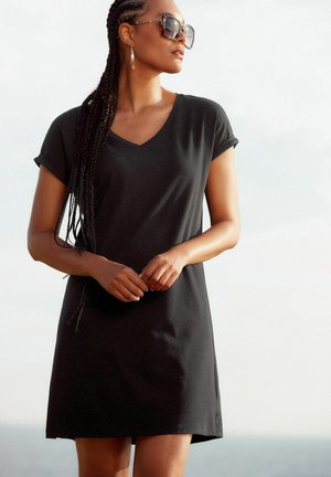 V-NECK CAPPED SLEEVE  - Vestito di maglina - black