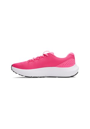 Pink mesh athletic shoe with white midsole, textured upper, lace-up design, and black rubber outsole. Features ventilation holes on the side.