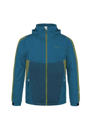 Blauer und grüner wasserdichter Jacke mit Kapuze, mit Reißverschlusstaschen, elastischen Bündchen und einem zweifarbigen Design mit reflektierenden Akzenten.