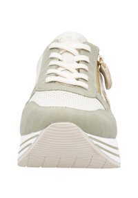 Green suede and white mesh sneaker featuring flat laces, side zipper, and a textured rubber sole with white stripes.