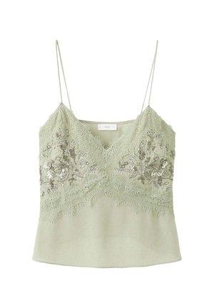 Camisole vert clair avec bordure en dentelle et broderie florale à sequins, à fines bretelles spaghetti et ourlet festonné.