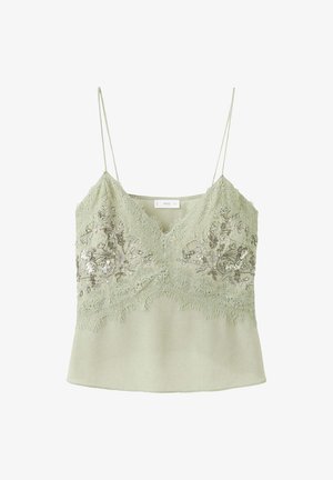 Camisole vert clair avec bordure en dentelle et broderie florale à sequins, à fines bretelles spaghetti et ourlet festonné.