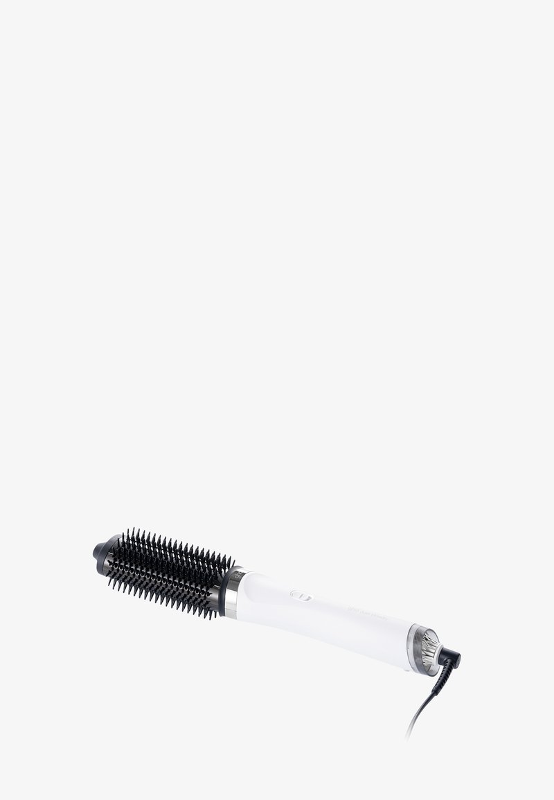 Brosse à cheveux ronde avec une tête de poils noirs et un manche blanc. Présente un accent argenté et un cordon pour la connexion électrique.