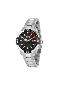 Orologio in acciaio inossidabile argento con quadrante nero, accenti rossi e indici delle ore luminosi. Presenta una lunetta girevole e un display della data.