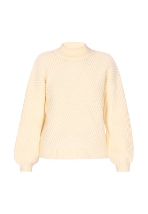 Crème gebreid sweater met een hoge nek, ribbelstructuur en geometrische patronen. Beschikt over brede mouwen en een losse fit.