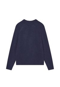 Navy crewneck sweater featuring a ribbed collar and hem, with raglan sleeves and a soft texture, designed for a relaxed fit.