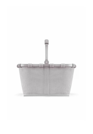 Panier en tissu gris avec une forme rectangulaire robuste, présentant une texture striée, une poignée en métal et un fond plat pour plus de stabilité.