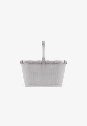 Panier en tissu gris avec une forme rectangulaire robuste, présentant une texture striée, une poignée en métal et un fond plat pour plus de stabilité.