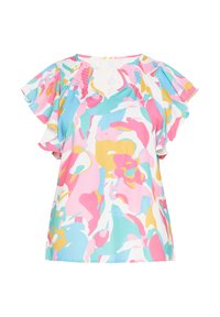 Blusa con motivo floreale e maniche corte a volant, nelle tonalità di rosa, blu, giallo e bianco. Presenta un dettaglio di scollatura arricciata.