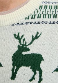 Maglione lavorato a maglia con una base bianca e un motivo di renne verdi con corna dettagliate. Colletto a girocollo a coste e motivo a contrasto sulla parte superiore.