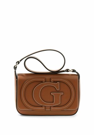 Sac à épaule en cuir marron avec couture du logo double G et sangle réglable sur fond blanc.