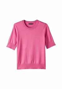 Rosa kurzärmliger Pullover mit Rundhalsausschnitt, aus glattem Material, mit gerippten Bündchen und Saum, in einfarbig ohne Muster.