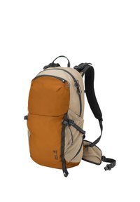 Mochila de senderismo bicolor en beige y naranja con múltiples compartimentos con cremallera, correas ajustables para hombros y cintura, y soporte trasero acolchado.