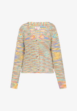 Monivärinen neule cardigan, jossa on V-pääntie, napit edessä ja pitkät hihat. Pehmeä rakenne pastelliväreissä kirkkailla raidalla.