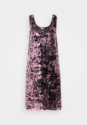 Abito di paillettes con scollatura a girocollo, caratterizzato da una sfumatura di paillettes rosa to black, design senza maniche e silhouette dritta.